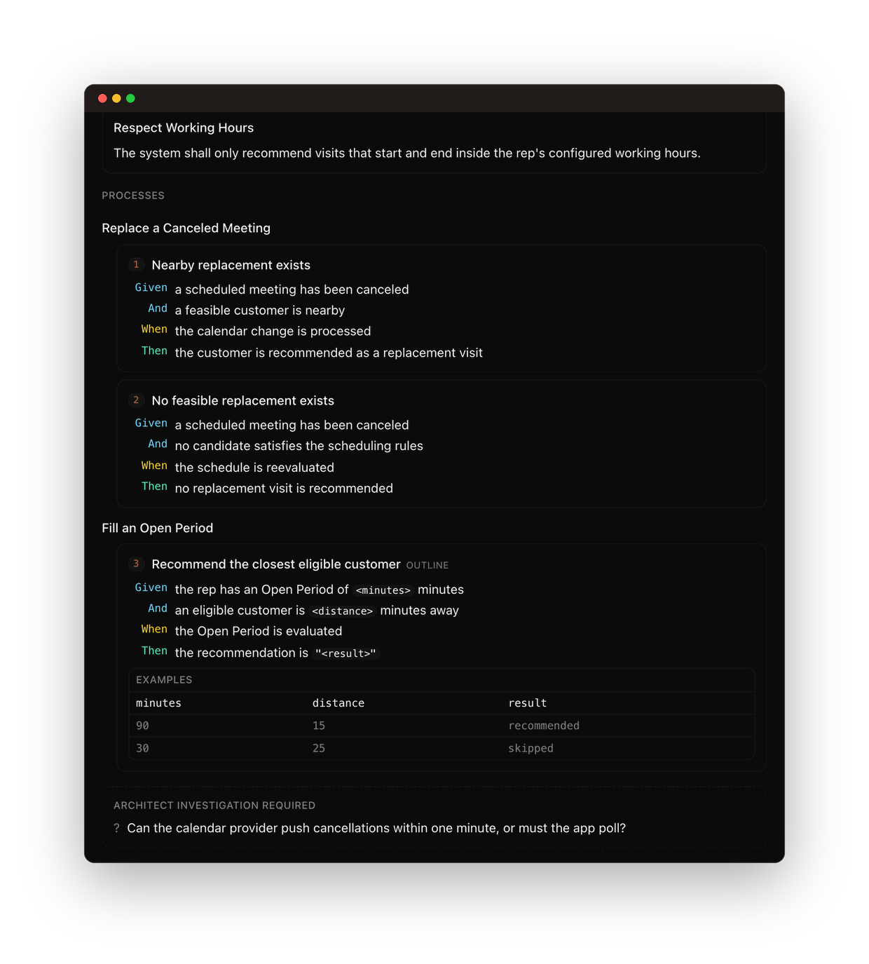 A sketch job, with its rules, processes, and scenarios written as GIVEN, WHEN, THEN.