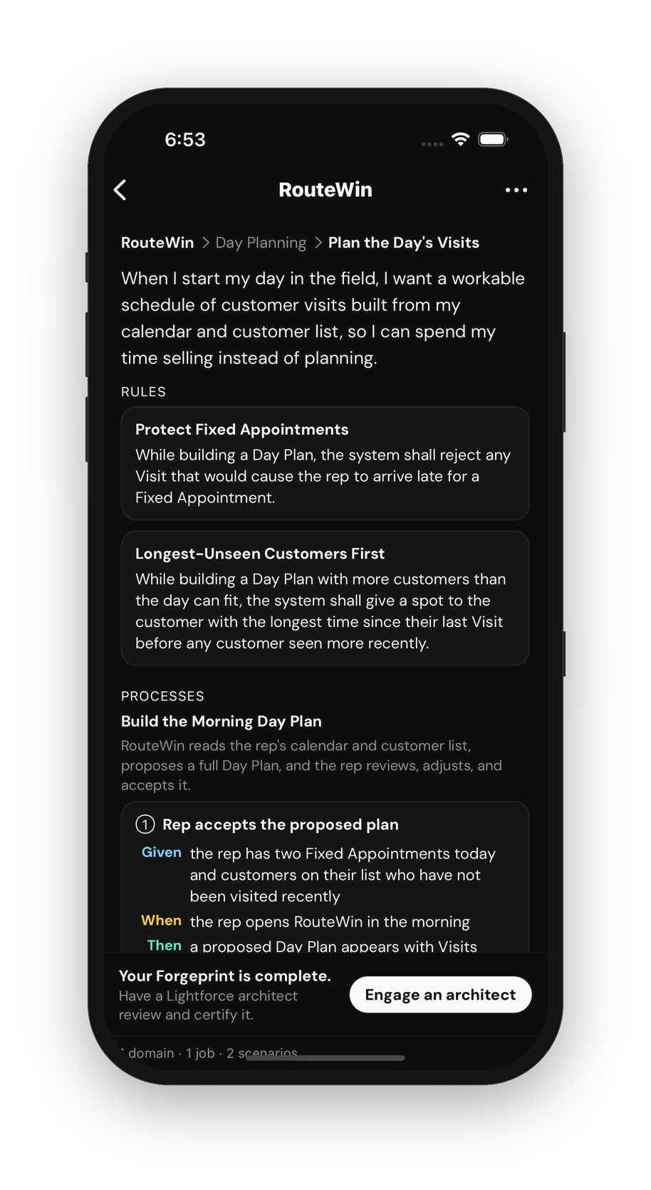 The same sketch job on a phone, with its rules and its first scenario.