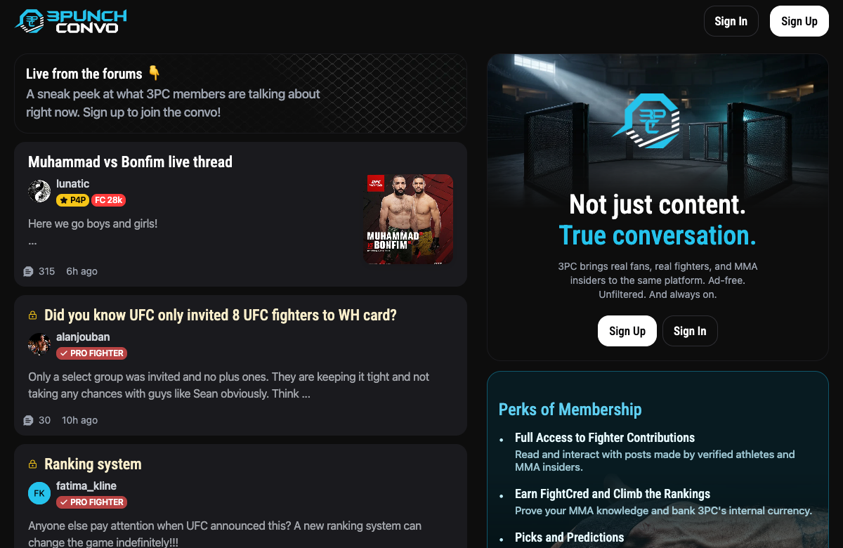 3PunchConvo web app: live forum threads, fighter verification, and membership perks